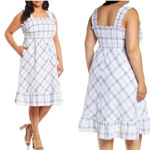 Eliza J Smocked Bodice Plaid Midi Dress Blue, white 14